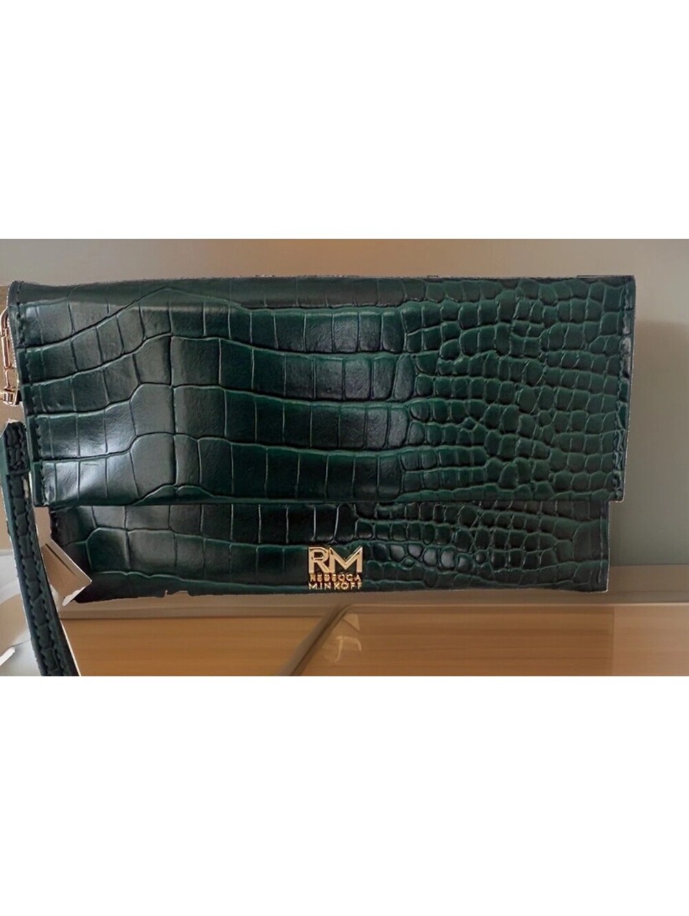 Rebecca Minkoff Green Croc Logo Zip Wristlet Wallet w/ Credit Card Slots